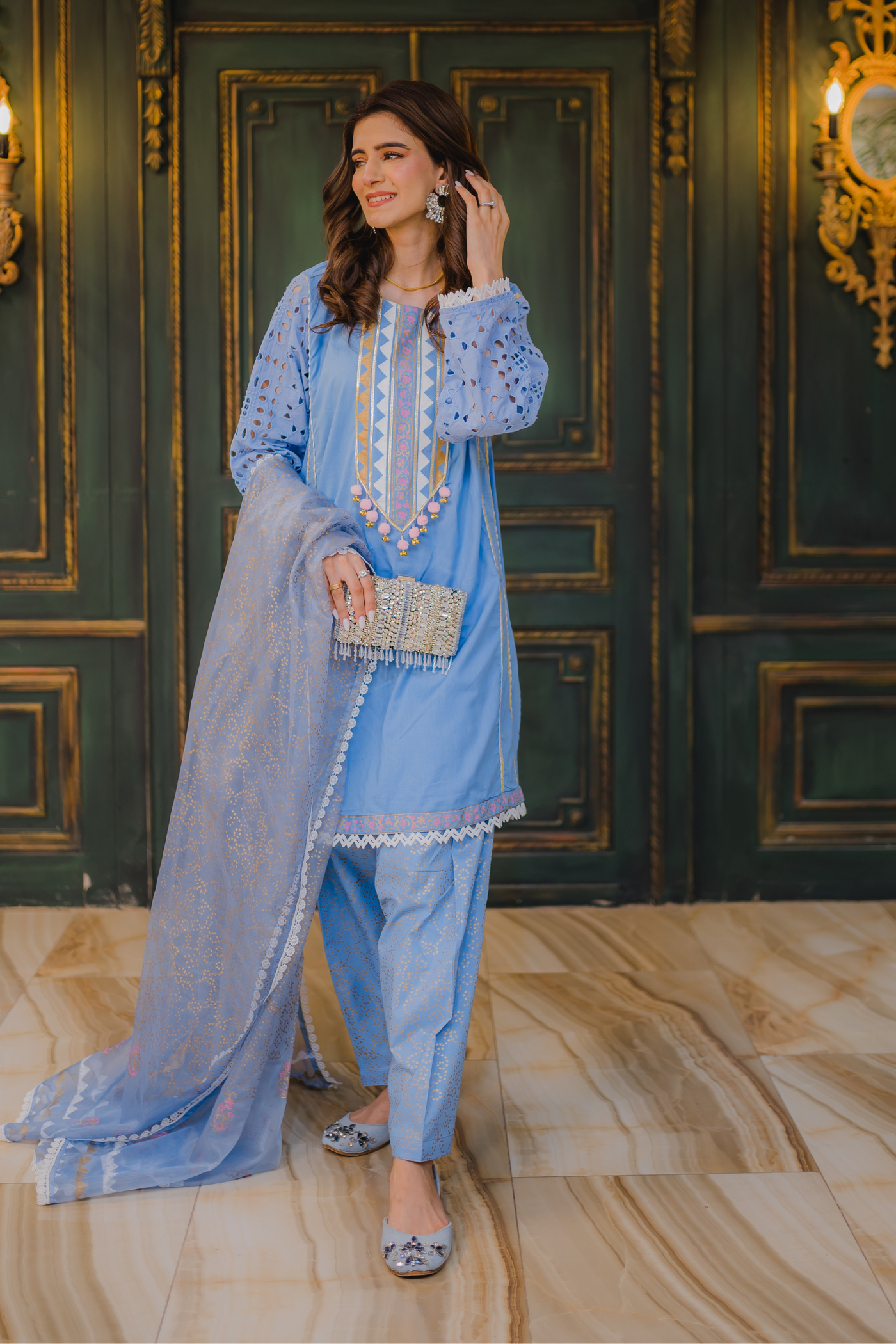 Steel Blue Block Kari – Luxury Block Printed 3 Piece Suit