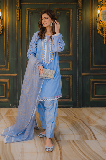 Steel Blue Block Kari – Luxury Block Printed 3 Piece Suit