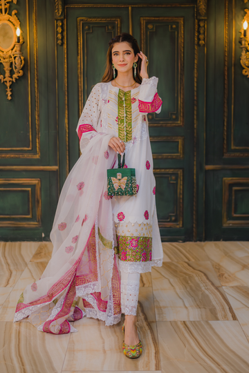 Jasmine Lace Block Kari – Luxury Block Printed Suit with Lace Work