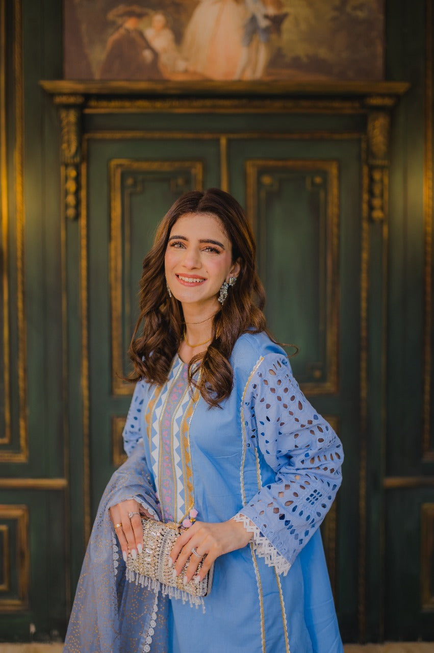 Steel Blue Block Kari – Luxury Block Printed 3 Piece Suit