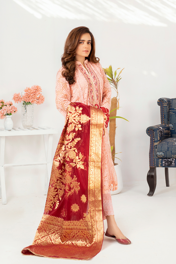 Traditional Peach Bling Embroidered Organza Suit | RJ’S PRET