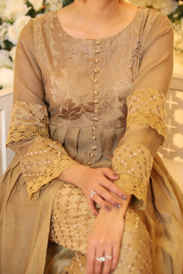 Gold Khaadi Monotone Solids Embroidered Organza Suit