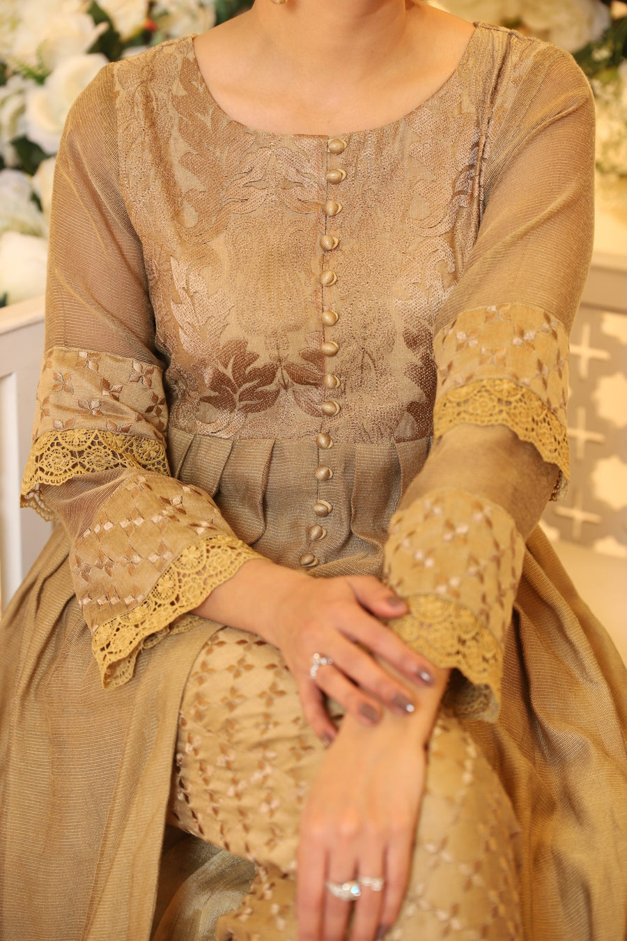 Gold Khaadi Monotone Solids Embroidered Organza Suit