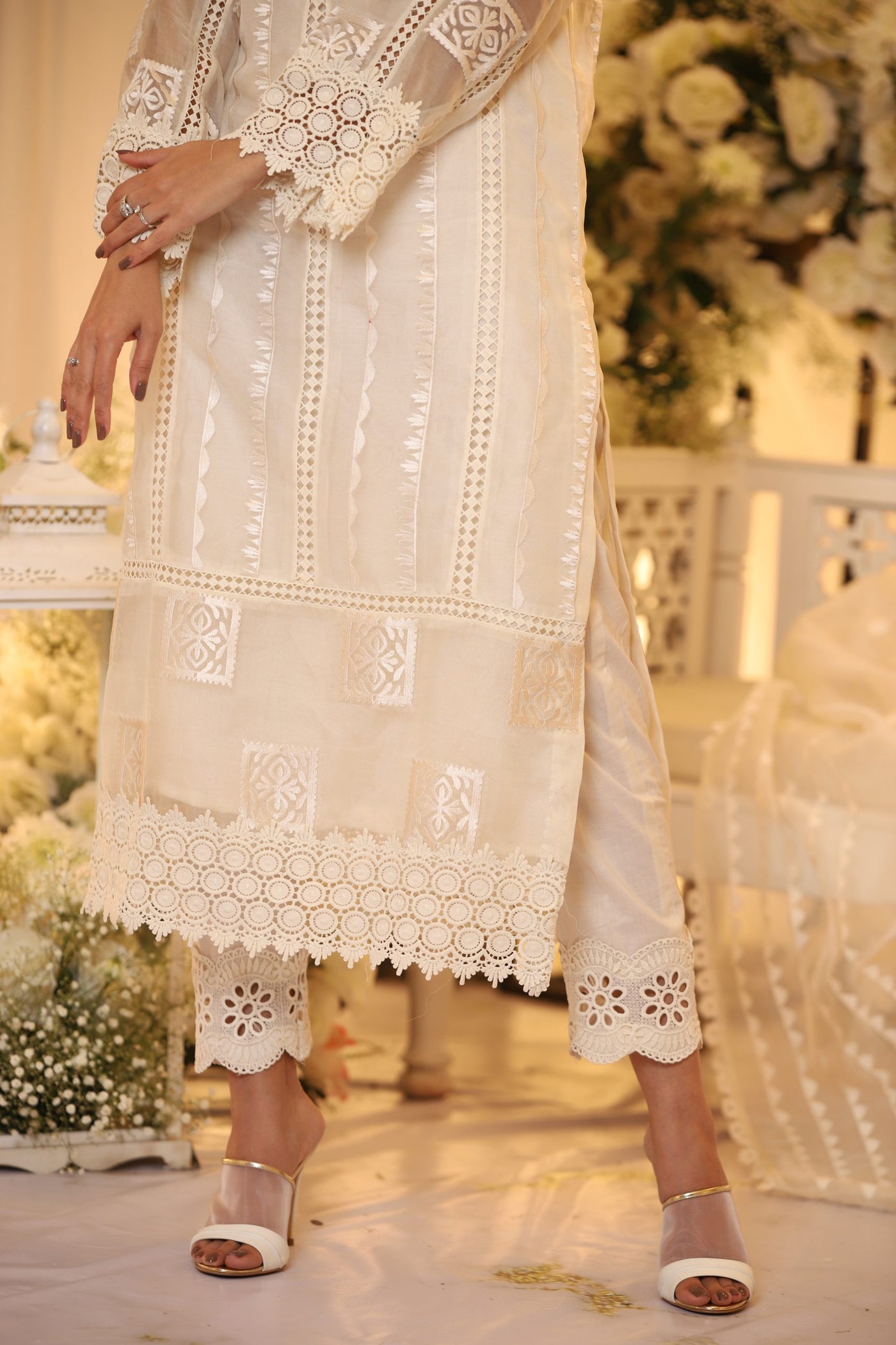 White Monotone Solids Embroidered Organza Suit | RJS PRET