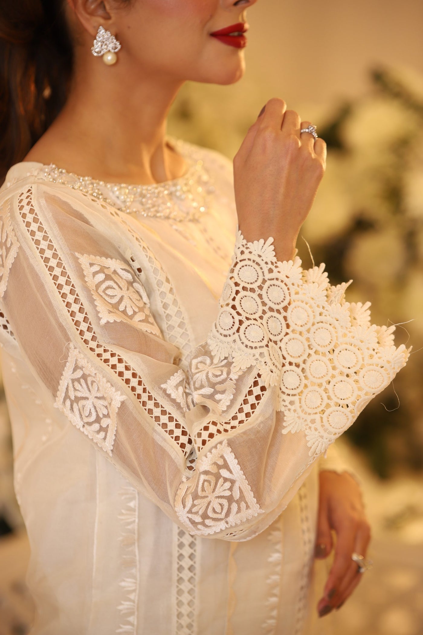 White Monotone Solids Embroidered Organza Suit | RJS PRET