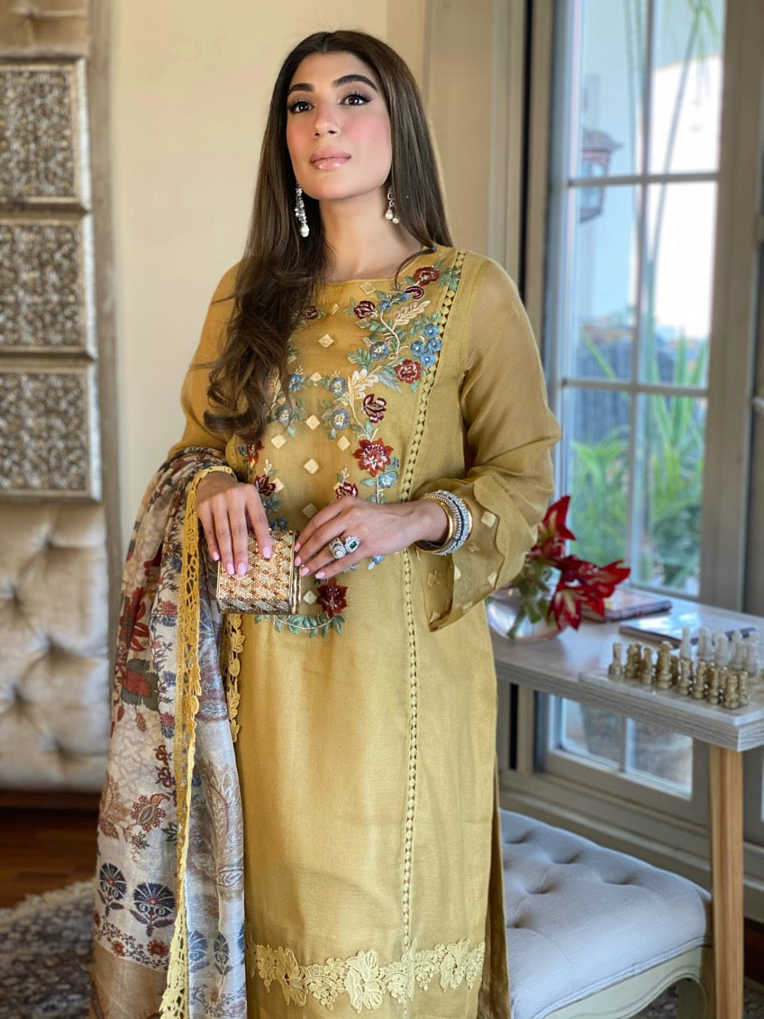 Resham Embroidered Suit | MUSTARD HUE | MEETHI EID | RJS PRET