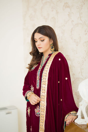 Chandni Burgundy Shadmani Velvet Formal Dress | RJ’S PRET