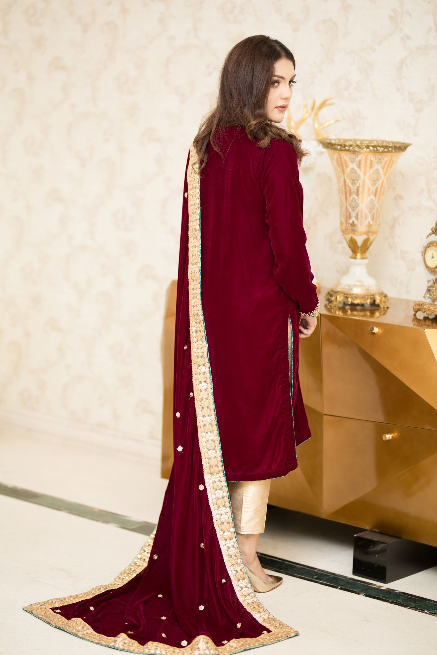 Chandni Burgundy Shadmani Velvet Formal Dress | RJ’S PRET