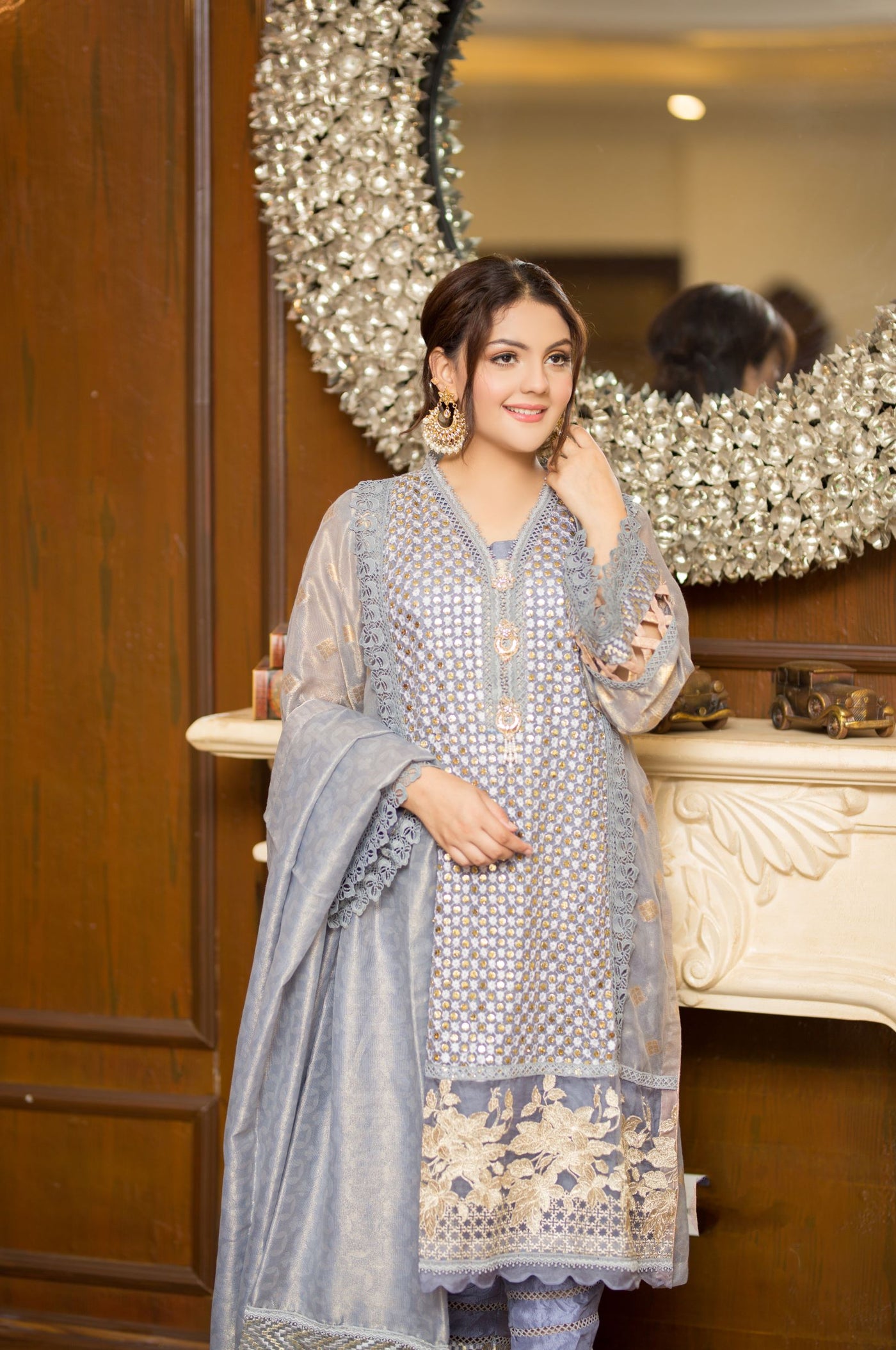 Chamak Grey Shadmani Embroidered Formal Dress | RJ’S PRET