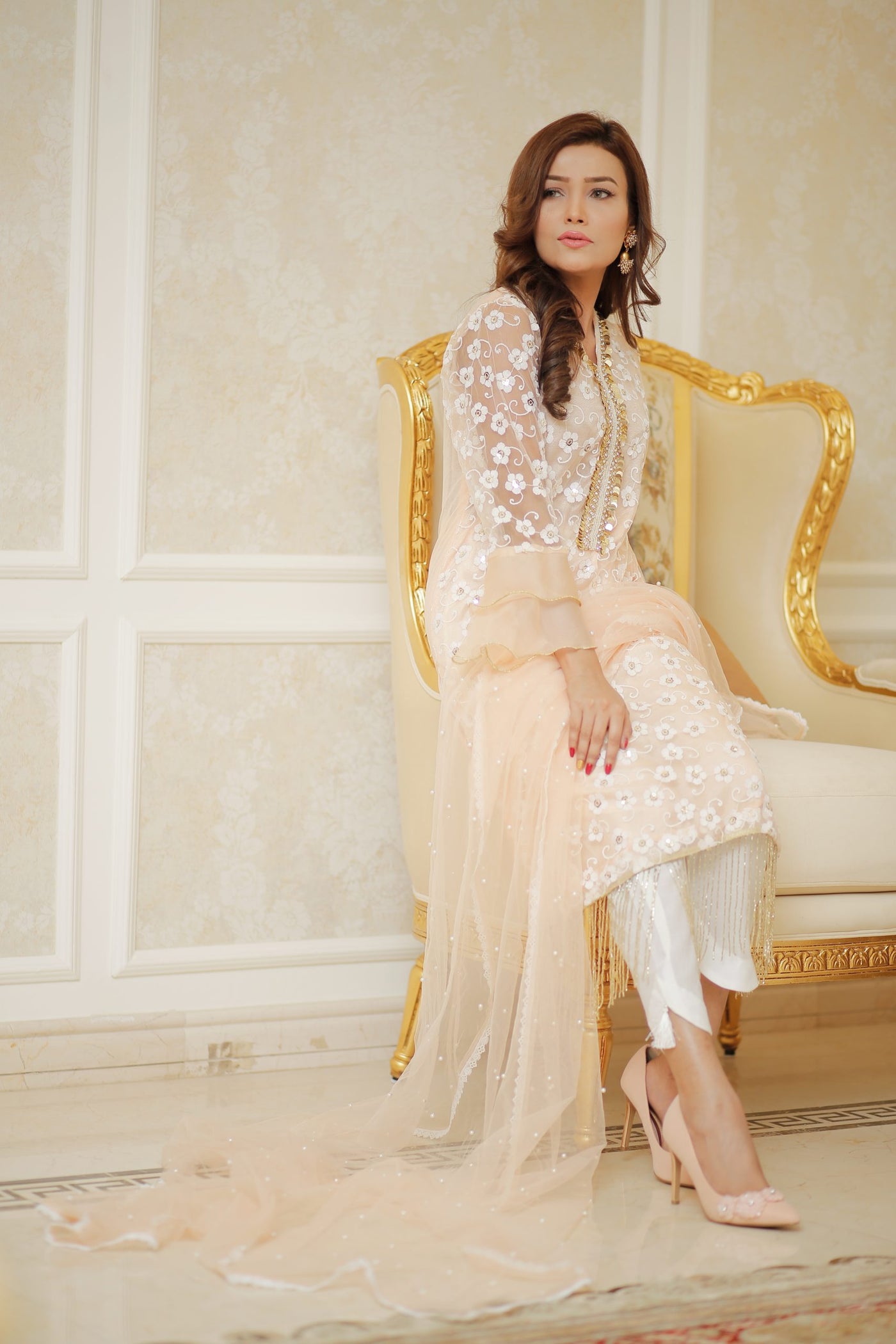Embroidered Net Suit with Pearl & Sequin Work | Peach Danglers | Rang