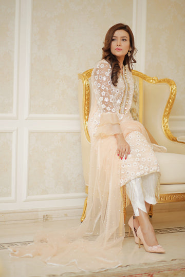 Embroidered Net Suit with Pearl & Sequin Work | Peach Danglers | Rang