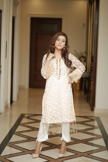 Peach Danglers Embroidered Shirt | RANG | RJ’S PRET