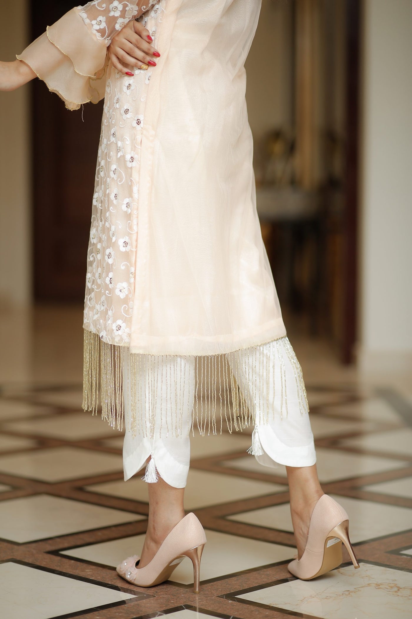 Peach Danglers Embroidered Shirt | RANG | RJ’S PRET