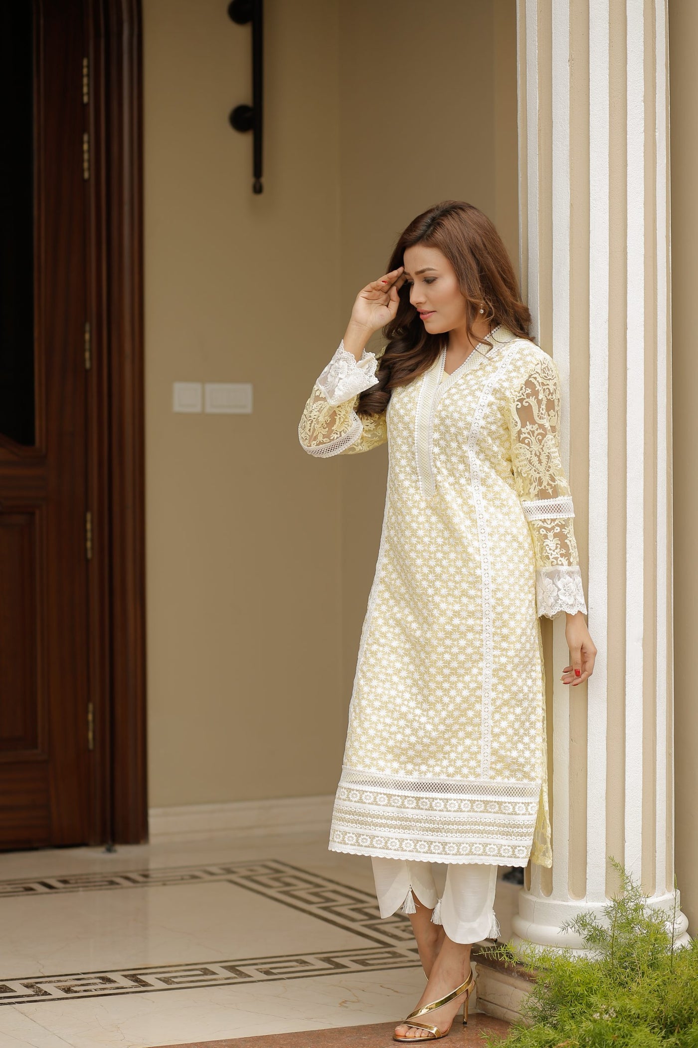 Embroidered Summer Outfit with Lace Detailing | Canary Yellow | Rang