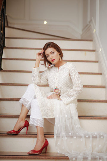 Blush White Rang Embroidered Organza Set | RJ’S PRET