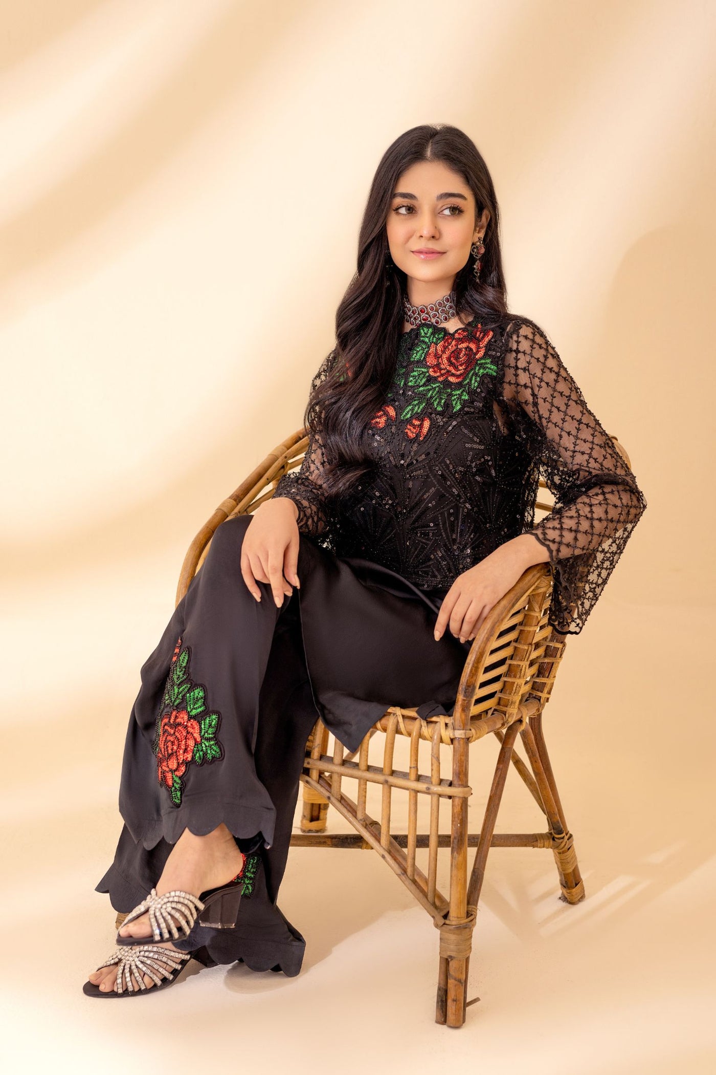Black Glitz Pristine Embellished Silk Set | RJS PRET