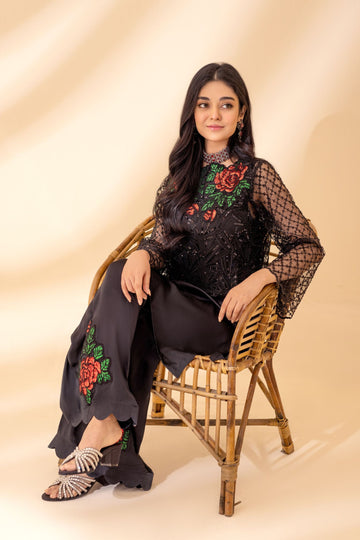 Black Glitz Pristine Embellished Silk Set | RJS PRET