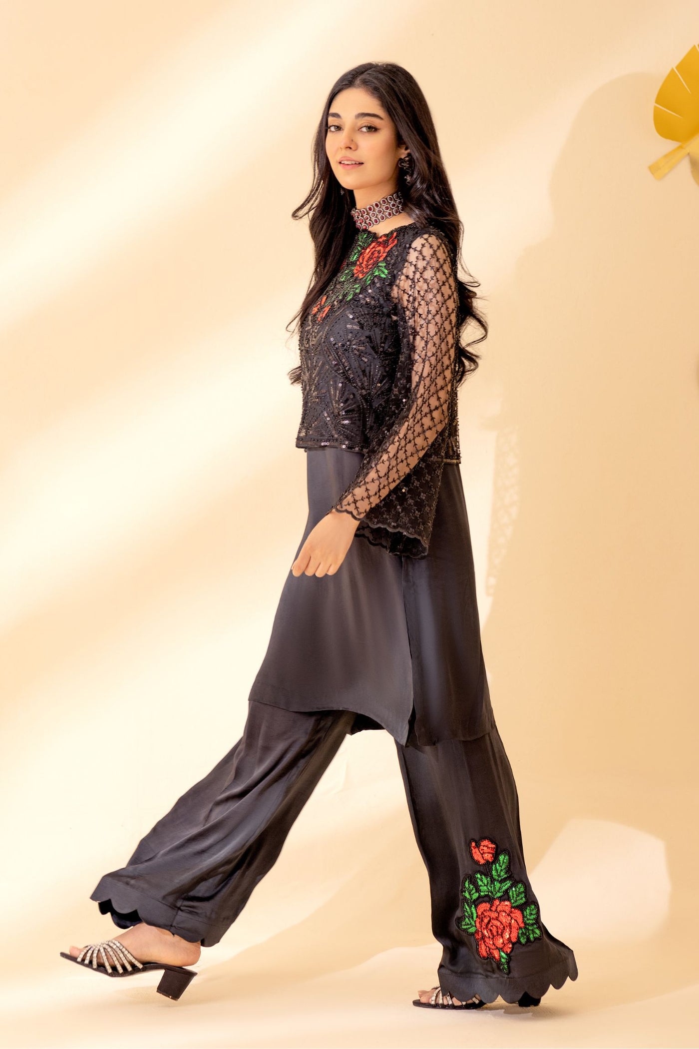 Black Glitz Pristine Embellished Silk Set | RJS PRET