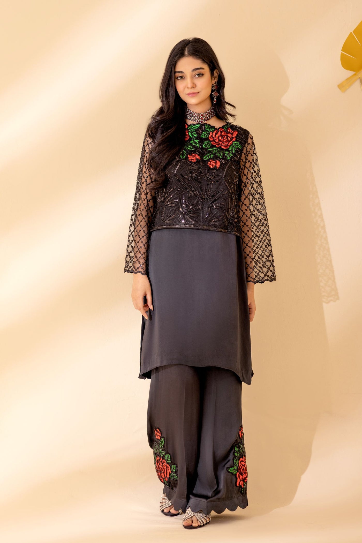 Black Glitz Pristine Embellished Silk Set | RJS PRET