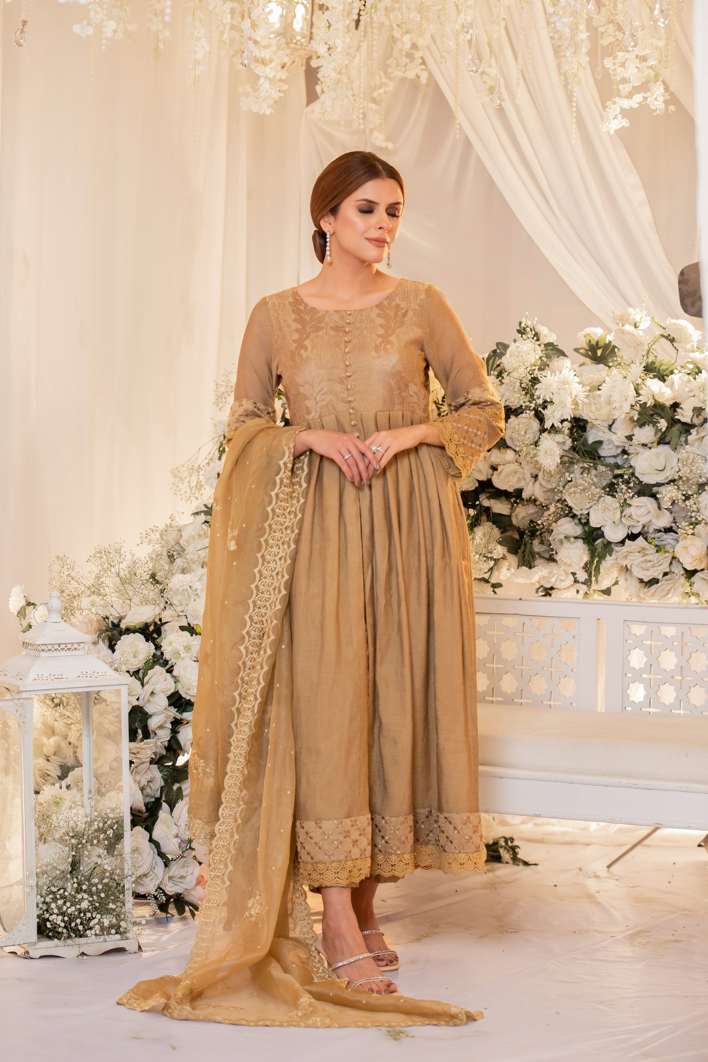 Gold Khaadi Monotone Solids Embroidered Organza Suit