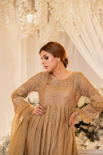 Gold Khaadi Monotone Solids Embroidered Organza Suit