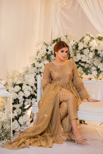 Gold Khaadi Monotone Solids Embroidered Organza Suit