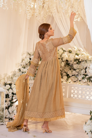 Gold Khaadi Monotone Solids Embroidered Organza Suit