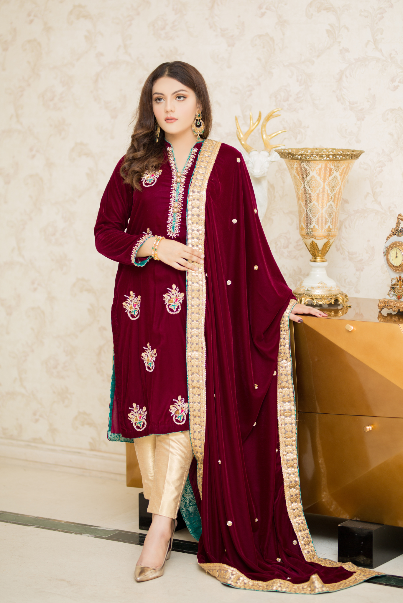 Chandni Burgundy Shadmani Velvet Formal Dress | RJ’S PRET