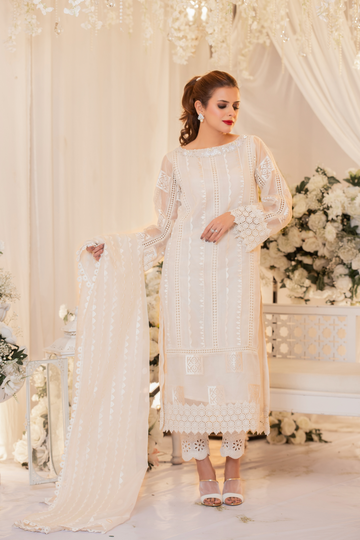 White Monotone Solids Embroidered Organza Suit | RJS PRET