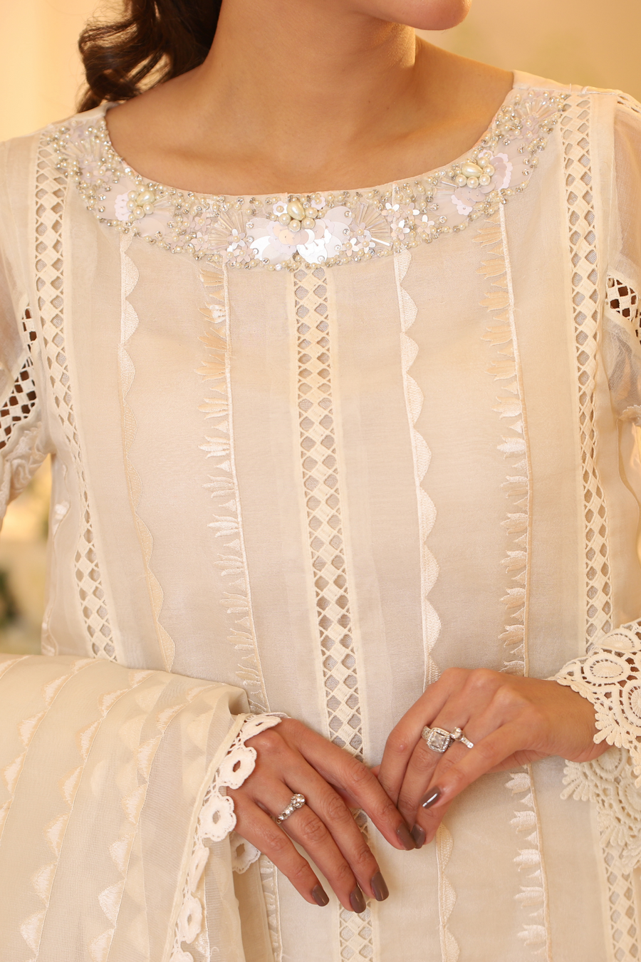 White Monotone Solids Embroidered Organza Suit | RJS PRET